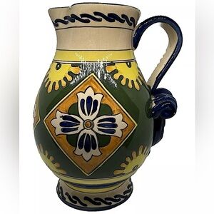 Large Majolica Style Hand Painted Pottery Pitcher Vintage